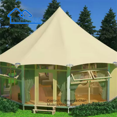 Camping personnalisé en extérieur toile de verre pavillon de mur tente polygone avec salle de bains