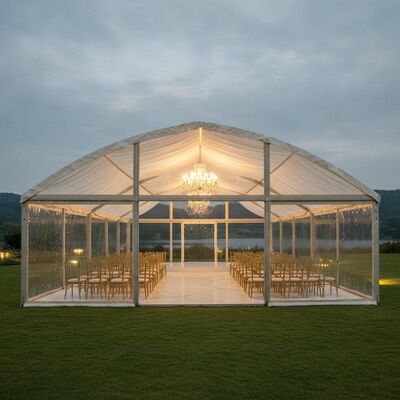 Fête de mariage de luxe Marquise Tente Mur en verre trempé Champagne Cadre or Élégance Événement Canopy Structure