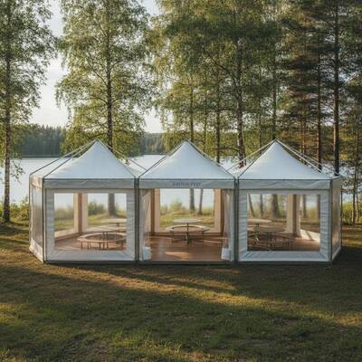 Tente de chapiteau de fête modulaire au design scandinave, cadre en aluminium léger et polyvalent pour les célébrations d'événements suédois