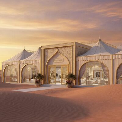 Événement de mariage de luxe dans le désert d'Arabie Fête Marquise Tente Climat contrôlé Finition dorée pour les célébrations royales des Émirats arabes unis