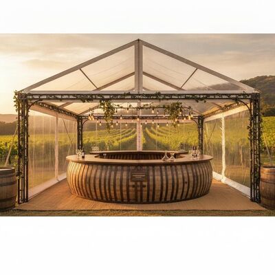 Tente de fête de vigne avec dégustation intégrée Compteur de tonneau rustique