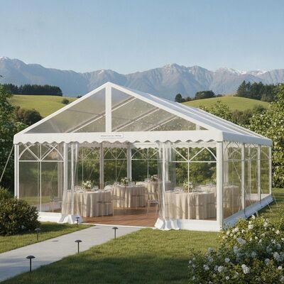 Tente de chapiteau de fête raffinée à portée claire, abri de réception de jardin de mariage en Nouvelle-Zélande avec fenêtres panoramiques