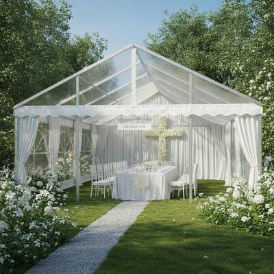 Tente de réception pour communion, jardin, célébration, cadre pour rassemblement familial de première communion